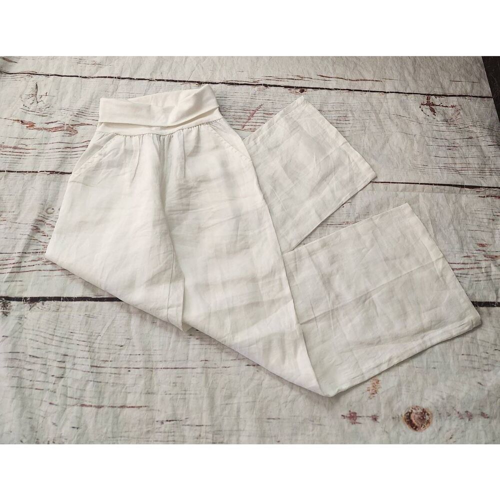 Elan Fold Over Waist Wide Leg Linen Pants Size Small